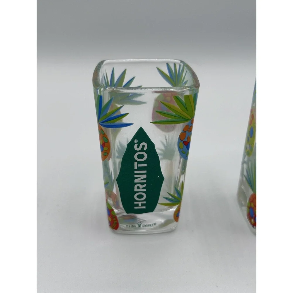 Lot of 2 Hornitos Tequila Shot Glasses Square Pineapple Tiki Skull‎ Pattern 2oz